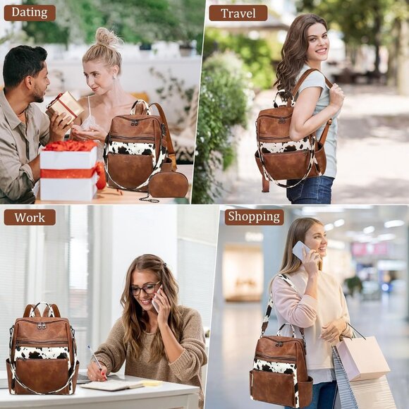 Leather Backpack Women Faux Leather Large Capacity Travel Work Daypack - Picture 7 of 7